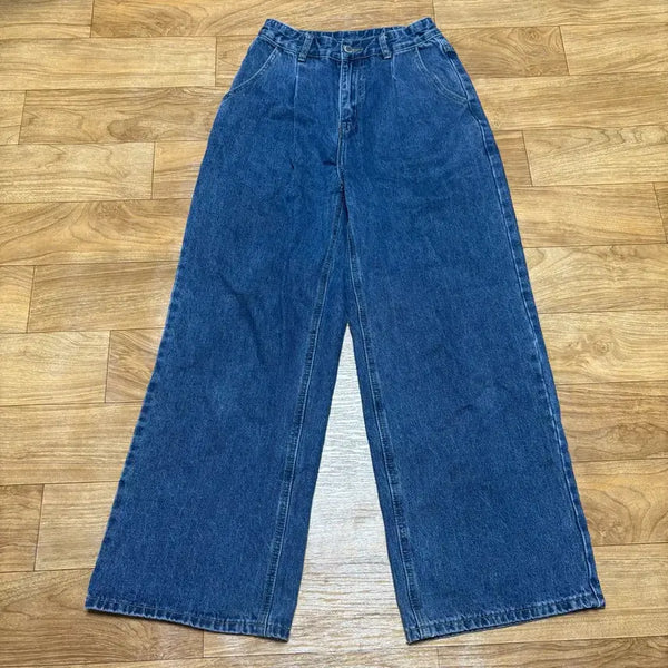 [BUNJANG] Pintuck Wide Denim Pants (Medium Blue) / 핀턱 와이드 데님팬츠 중청바지