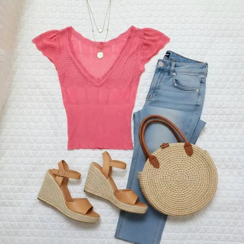 [BUNJANG] Women's V-Neck Short Sleeve Knit Top (Pink) / 66 여성 반팔 니트 여름 니트 여자 브이넥 니트 95 핑크  55~66