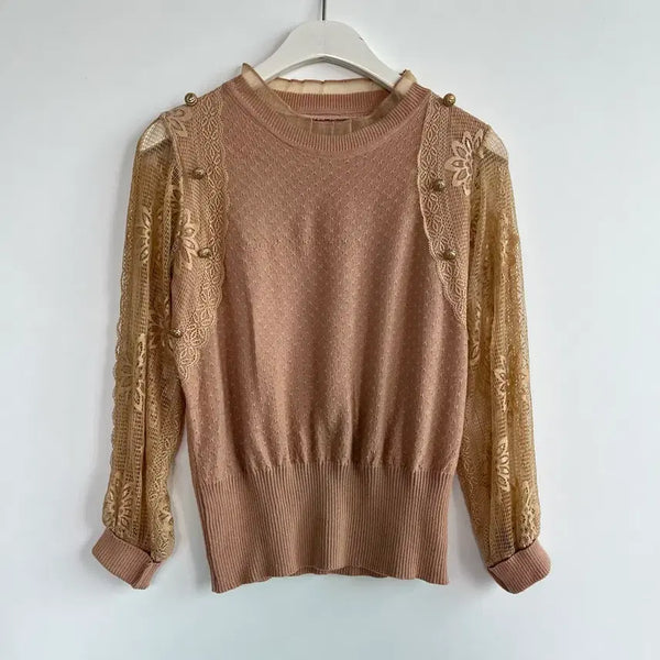 [BUNJANG] Lace Sleeve See-Through Knit Top / 레이스 소매 시스루 니트