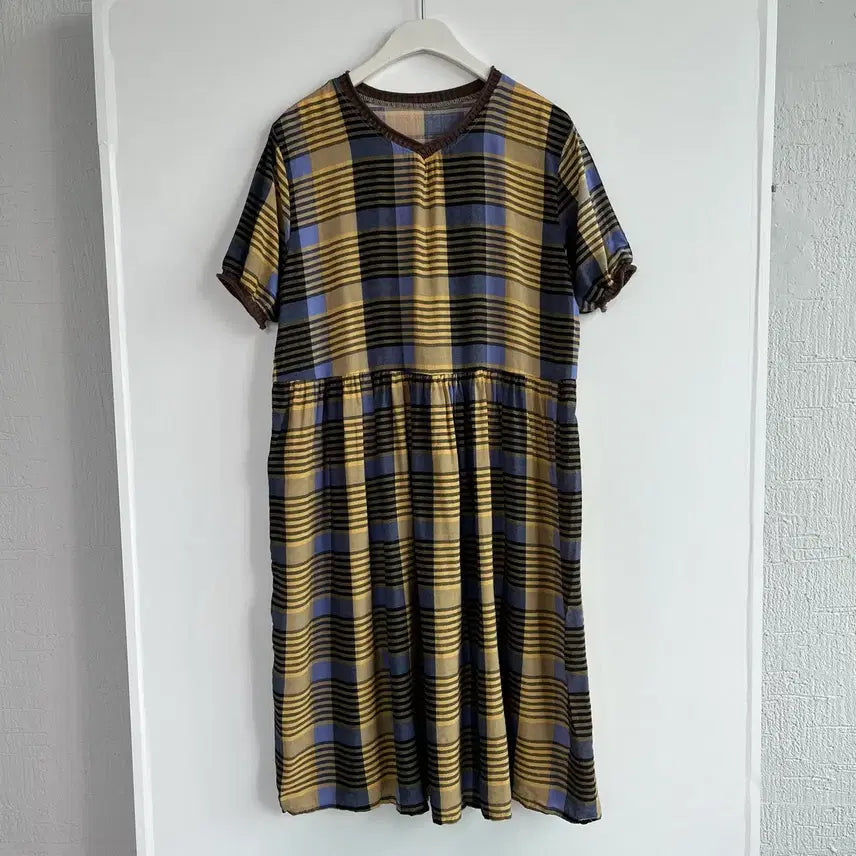 [BUNJANG] Rayon Cotton Check Pattern Dress / 레이온 코튼 체크 패턴 원피스 (FREE)