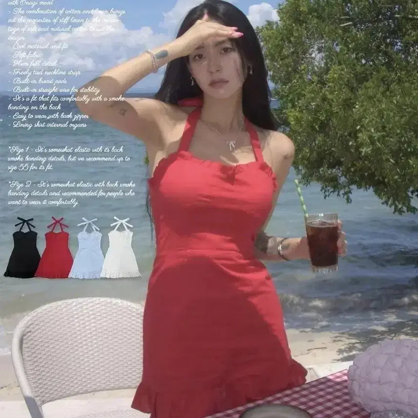 [BUNJANG] Faye Jade Linen Halterneck Dress Red / 페일제이드 린넨 홀터넥 원피스 레드