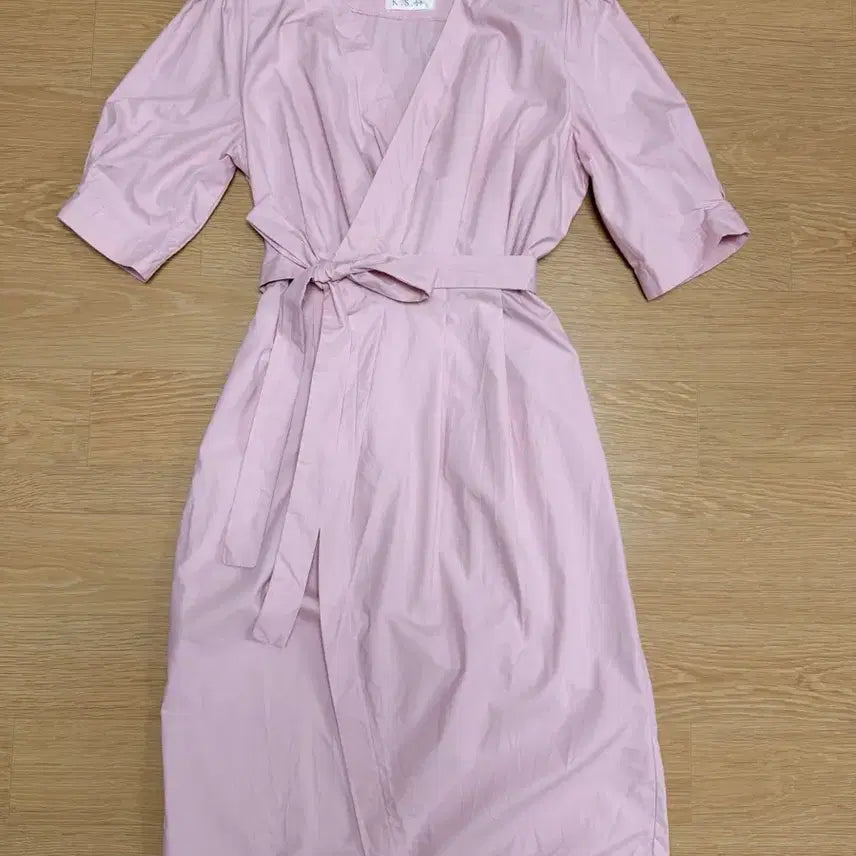 [BUNJANG] Pink Puff Sleeve Wrap Dress / 핑크 퍼프 소매 랩 원피스