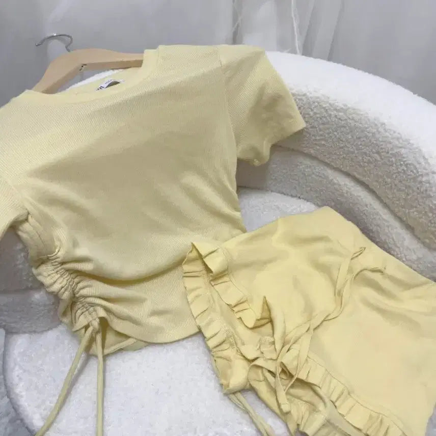 [BUNJANG] Zara Shirring Half-Sleeve T-Shirt and Pants Set Yellow / (미착용) 자라 셔링 반팔티 바지 옐로우 세트