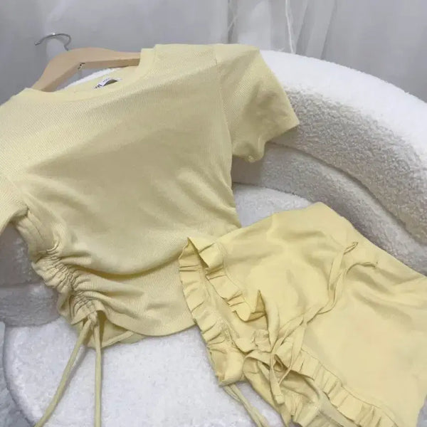 [BUNJANG] Zara Shirring Half-Sleeve T-Shirt and Pants Set Yellow / (미착용) 자라 셔링 반팔티 바지 옐로우 세트