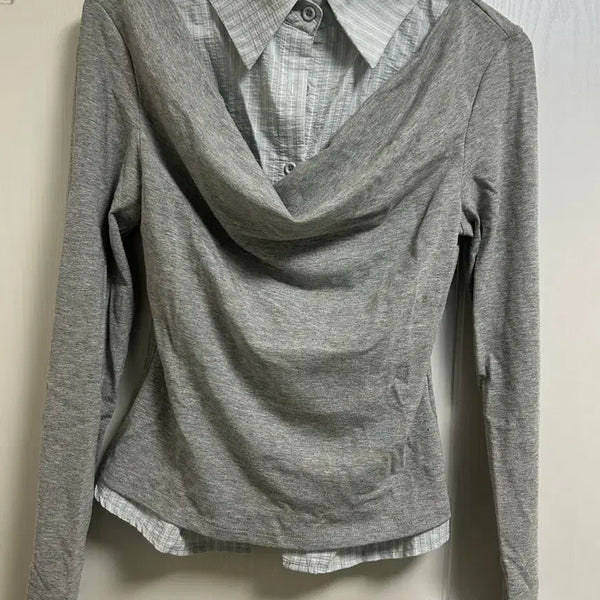 [BUNJANG] Grey Cotton Long Sleeve Layered Shirt / 그레이 셔츠롱슬리브