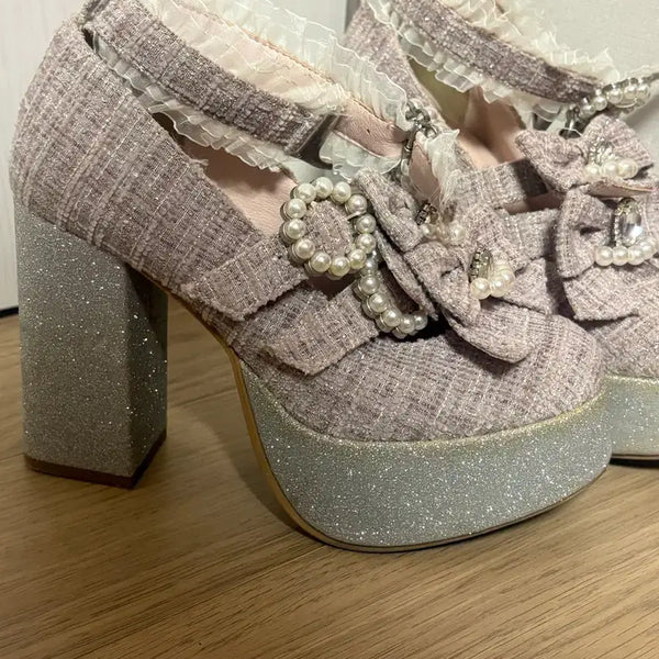 [BUNJANG] Ankruse Tweed Platform Pumps Pink Size M / 앙크루즈 트위드 통굽 펌프스 판매 양지뢰 통굽