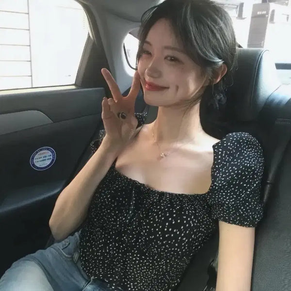 [BUNJANG] DEARROSE Black Dot Short Sleeve Blouse (Size S) / [데이로제] 블랙 도트 반팔 블라우스 S