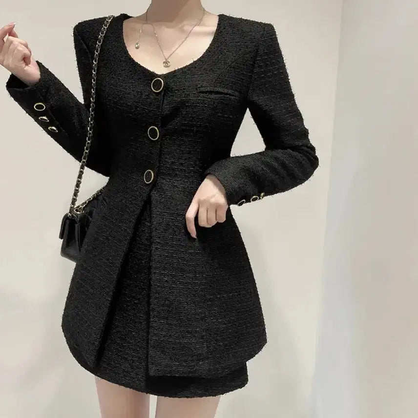 [BUNJANG] A-Line Skirt + Collarless Tweed Jacket Two-Piece Set / 새상품) 에이블리 하객룩 트위드 노카라자켓 + A라인스커트 투피스 세트