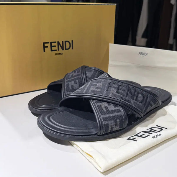 [BUNJANG] Fendi Men's FF Jacquard Crossover Fabric Sandals Slippers Black / (A급/11) / 펜디 남성 FF자카드 크로스오버 패브릭 샌들 슬리퍼 블랙
