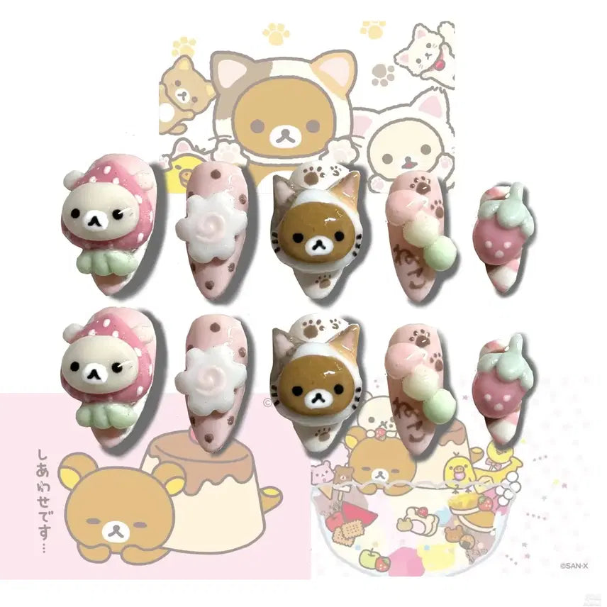 [BUNJANG] Rilakkuma Nekko Cat Y2K Gyaru Strawberry Embossed Nail Tips / 리락쿠마 네코 고양이 y2k 갸루 딸기 엠보 네일팁