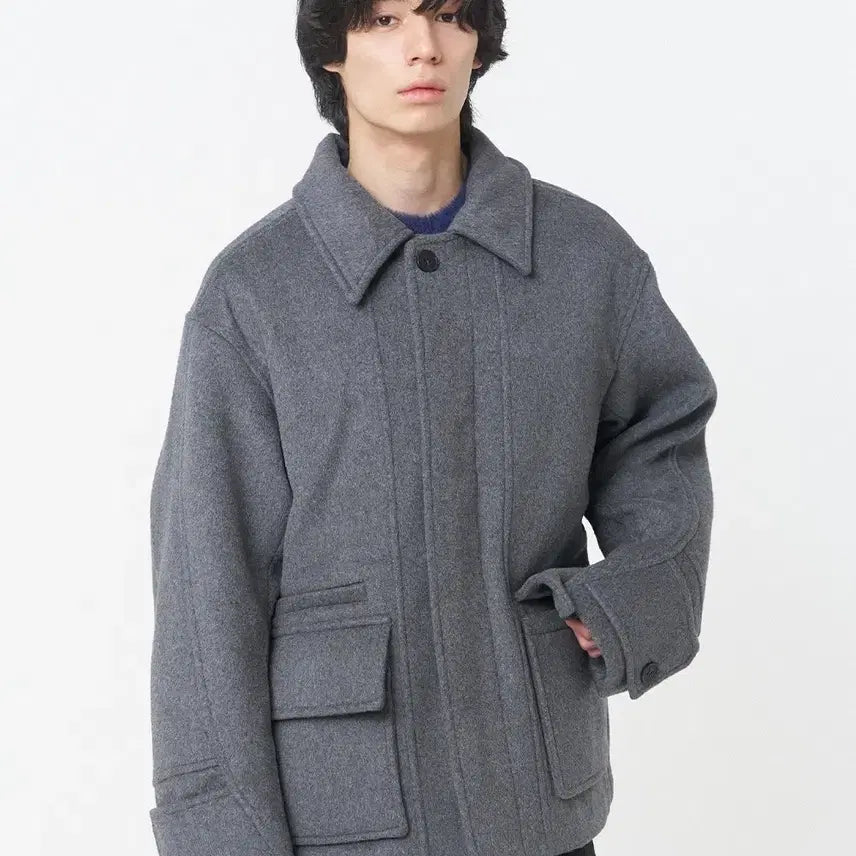 [BUNJANG] Miseki Seoul Men Wide Tab Half Coat Charcoal / 미세키서울 맨 와이드 탭 하프 코트