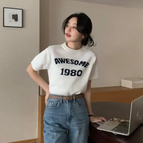 [BUNJANG] AWESOME 1980 Embroidered Short Sleeve Knit Top White / 화이트 AWESOME 1980 자수 반팔 니트