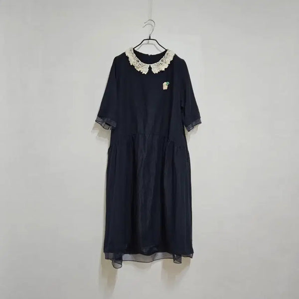 [BUNJANG] Linen Lace Trimmed Long Dress / 린넨 레이스배색 롱원피스