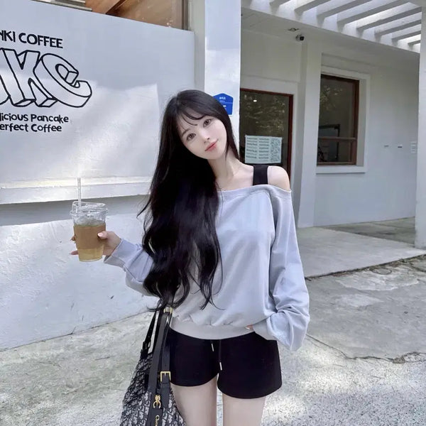 [BUNJANG] Mayyun 365 Off-Shoulder Sweatshirt & Short Pants Set / 메이윤 365 오프숄더 맨투맨 숏팬츠