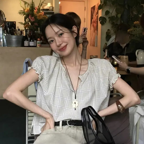 [BUNJANG] Poet Seoul Check Puff Blouse / 포에트서울 체크퍼프블라우스