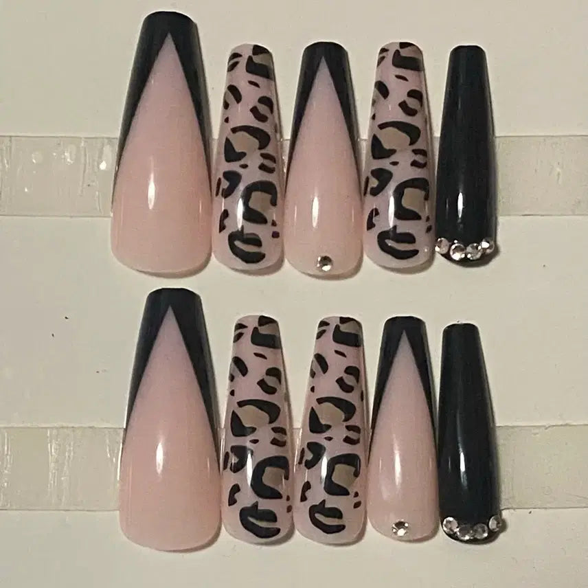 [BUNJANG] Gyaru Leopard Print Black French Nail Tips / 갸루 호피 블랙프렌치 네일팁