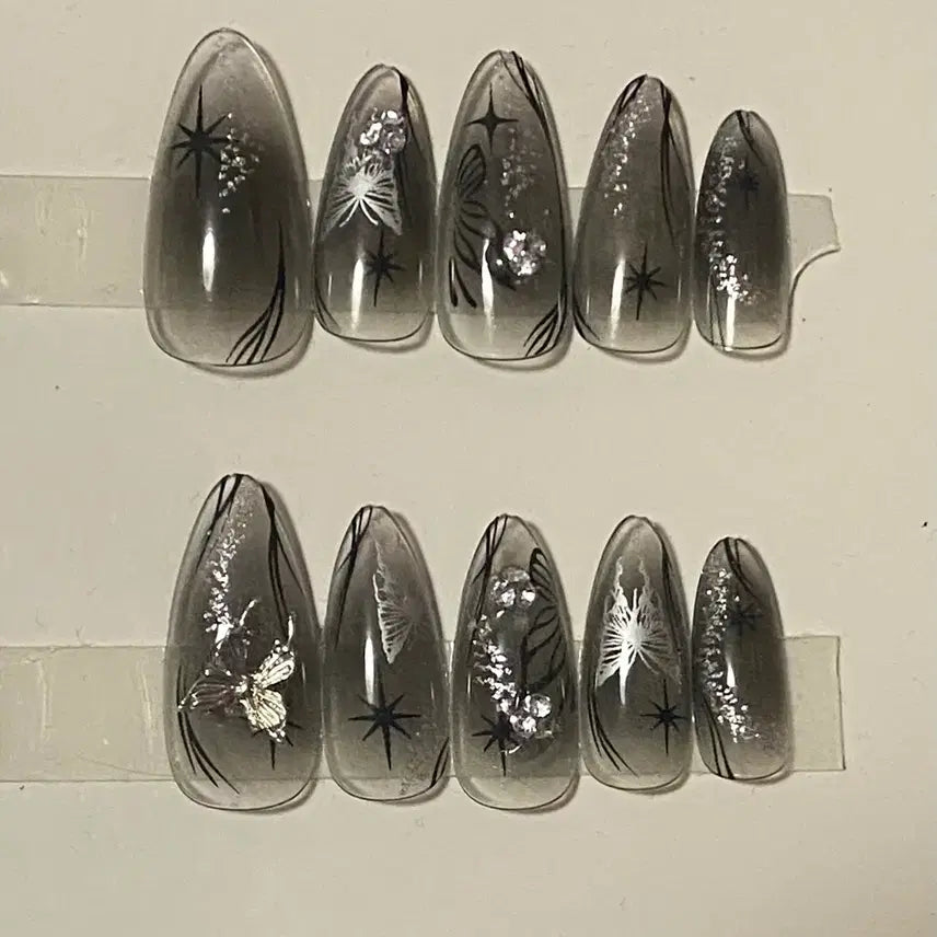 [BUNJANG] Black Butterfly Pearl Nail Tips / 블랙 나비 펄 네일팁