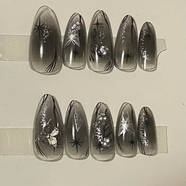 [BUNJANG] Black Butterfly Pearl Nail Tips / 블랙 나비 펄 네일팁