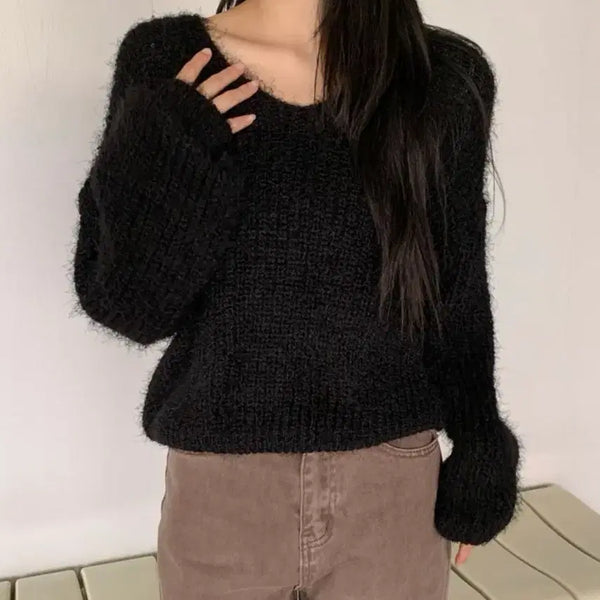 [BUNJANG] Soft Angora Fur V-Neck One-Shoulder Knit / 소프트 엔젤릭 퍼 브이넥 니트 블랙 원숄더 원오프 오프숄더 앙고라 니트