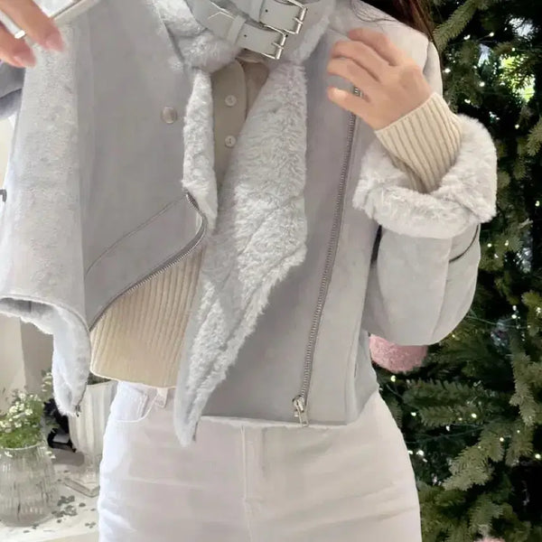 [BUNJANG] Faux Fur Belted Cropped Mustang Jacket / 퍼 벨트 크롭 무스탕 소라