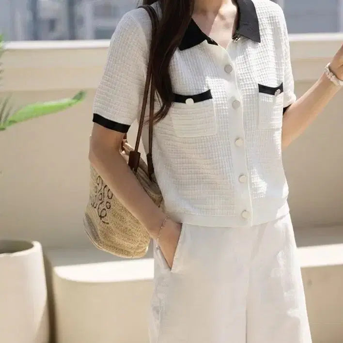 [BUNJANG] Recov Tweed Style Waffle Knit Short Sleeve T-Shirt White / 레코브 트위드 스타일 와플 니트 반팔티 화이트 55~66
