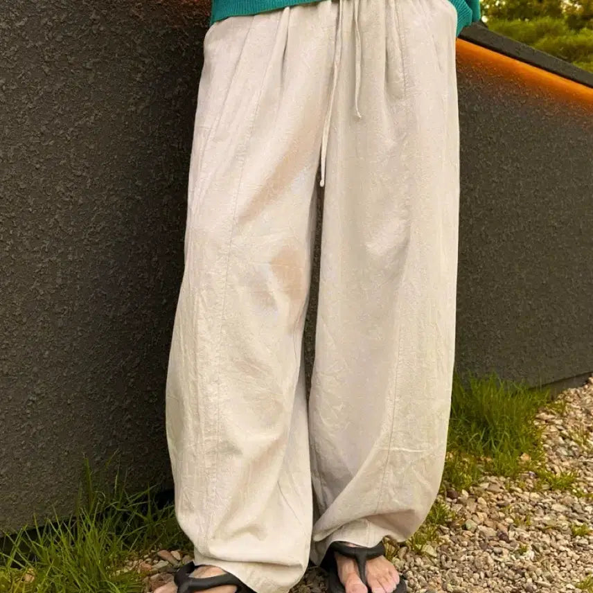 [BUNJANG] Linen Blend Curved Wide Banding Pants (4 Colors) / 린넨 커브드 와이드 밴딩 팬츠 (4C)