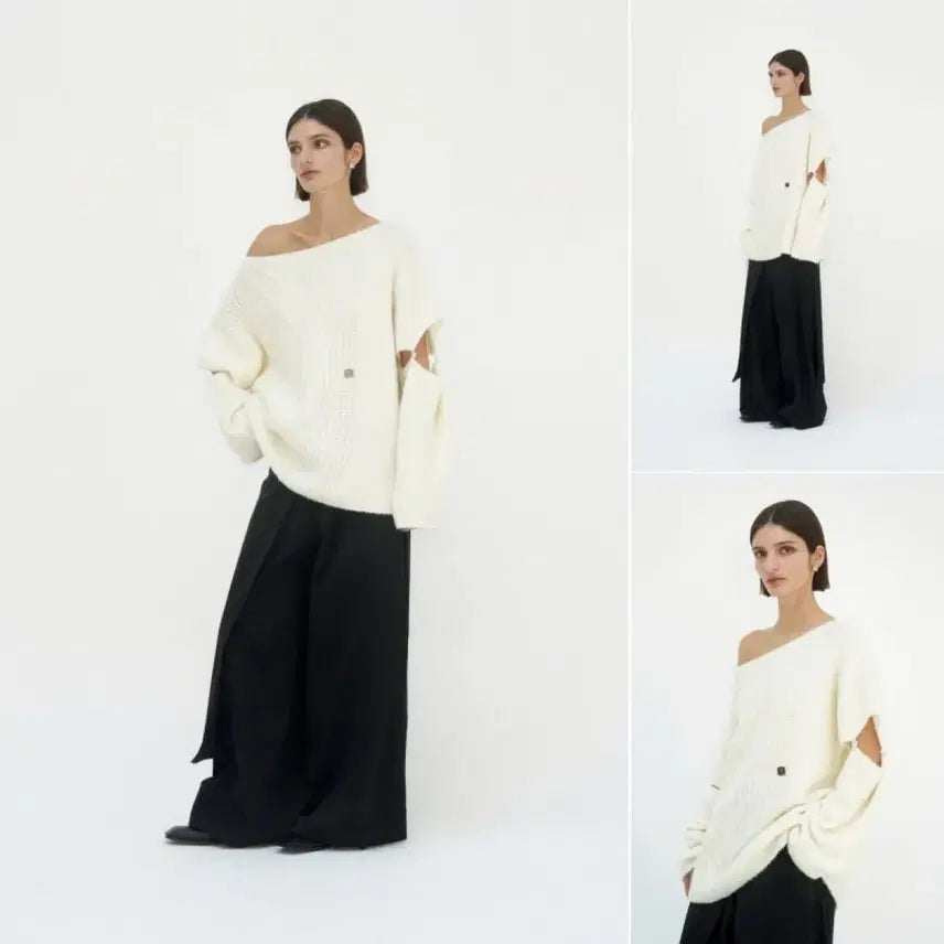 [BUNJANG] Han So Hee Sleeve Slit Boat Neck Knit - Ivory / 한소희 니트 트리밍 버드 Sleeve Slit Boat Neck Knit
