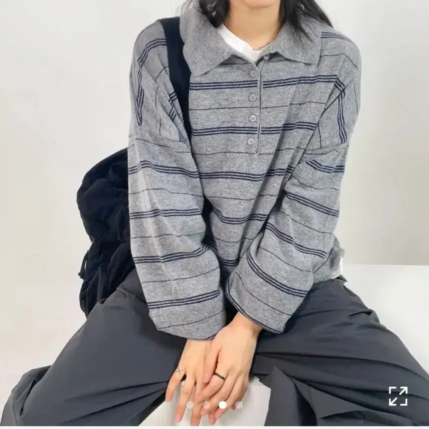[BUNJANG] Wool Cashmere Striped Knit Sweater / 울 캐시 단가라 카라 스트라이프