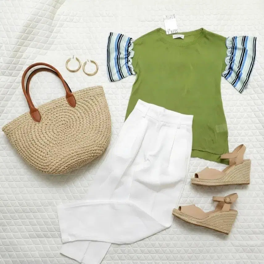 [BUNJANG] Women's Summer Knit Frill T-Shirt (55-66 Size) / 새상품 55~66 반팔 여름 니트 여성 여자 프릴 티셔츠 정장 캐주얼
