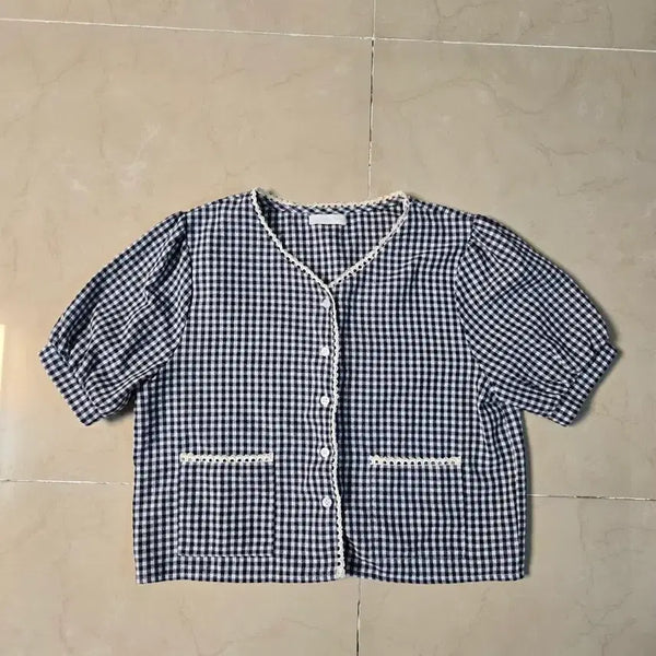 [BUNJANG] Check Lace Puff Sleeve Blouse / 체크 레이스 퍼프소매 블라우스
