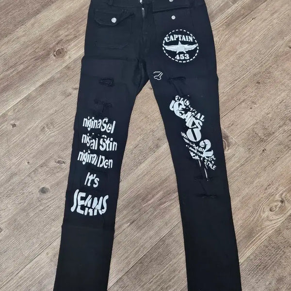 [BUNJANG] Black Ripped Skinny Jeans / 블랙 찢청 프린팅 스키니진 emo 이모 고스 펑크