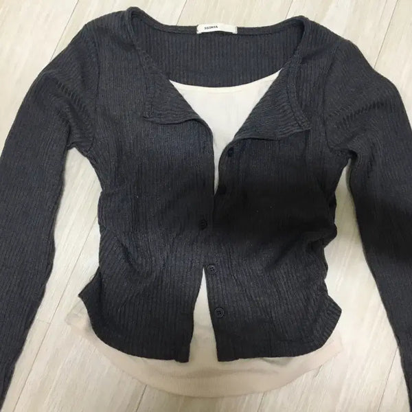 [BUNJANG] Layered Long Sleeve T-Shirt Charcoal/Beige / 레이어드 긴팔 차콜 베이지