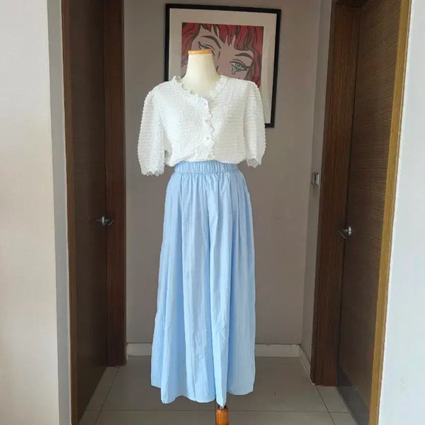 [BUNJANG] White Lace Blouse and Light Blue Skirt Pants Set / 새상품) 화이트레이스블라우스/ 소라색치마바지