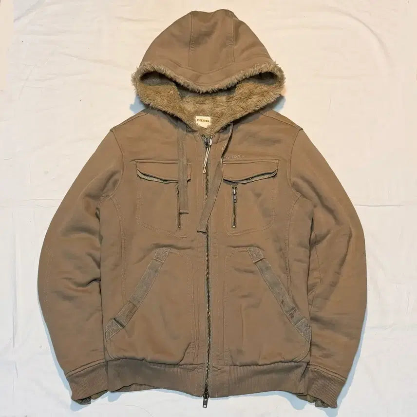 [BUNJANG] Diesel Per Lined Y2K Hooded Zip-Up Beige XL / 디젤 퍼 라이닝 y2k 후드집업 베이지