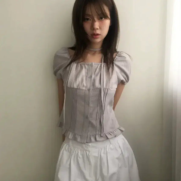 [BUNJANG] Nobiyaka Tie Blouse Grey / 노비야카 타이 블라우스 그레이