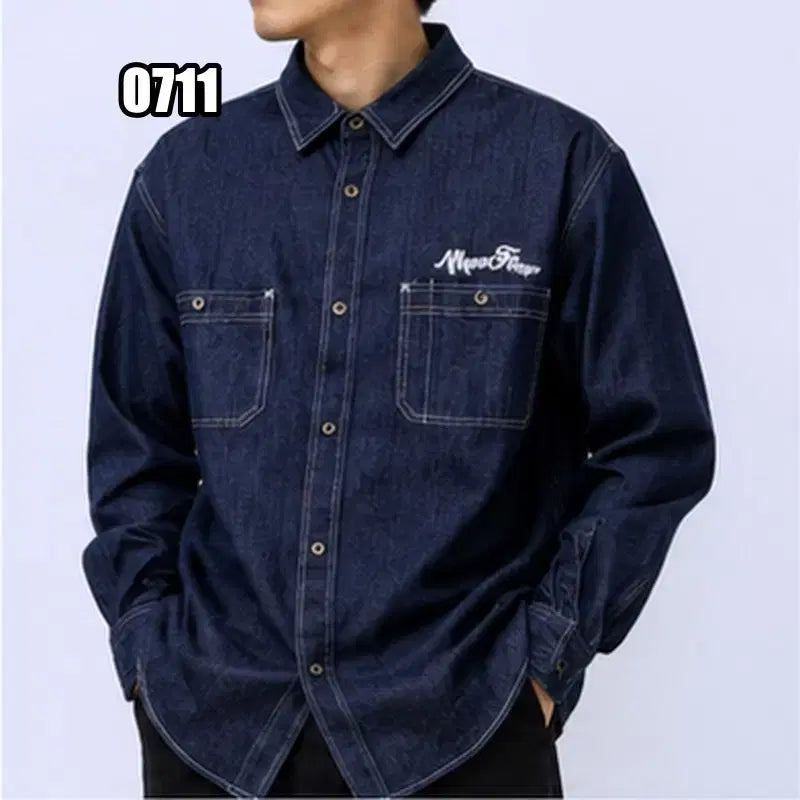 [BUNJANG] M Monoflow Embroidered Stitch Denim Shirt / M 모노플로우 아메카지 자수 스티치 데님 셔츠