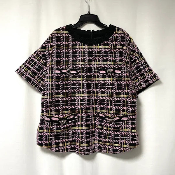 [BUNJANG] O.S.S.C.C. Rouged Embroidered Tulle Tweed Short Sleeve Blouse - Black/Pink / (정가 31만원) 한섬 오즈세컨 루즈핏 자수 튤 트위드 반팔 블라우스 82 _ 블랙/핑크