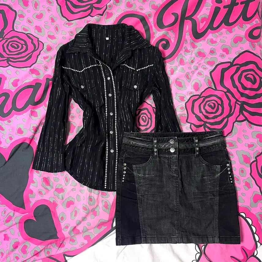 [BUNJANG] Y2K Cubic Stone Point Coordi Set Black Silver Stripe Shirt & Denim Skirt / 오네갸루 큐빅스톤 포인트 코디세트 y2k 일본빈티지 00s 핀터레스트
