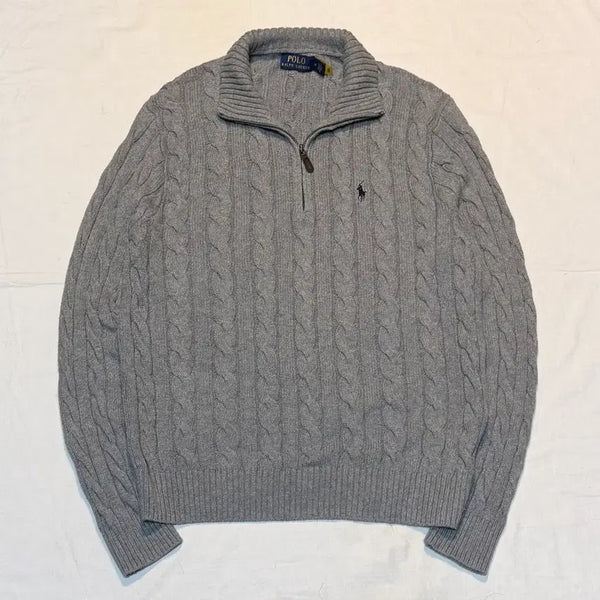 [BUNJANG] Polo Ralph Lauren New QR Half-Zip Cable Knit Sweater Grey / 폴로 랄프로렌 신형 큐알 반집업 케이블 니트 그레이