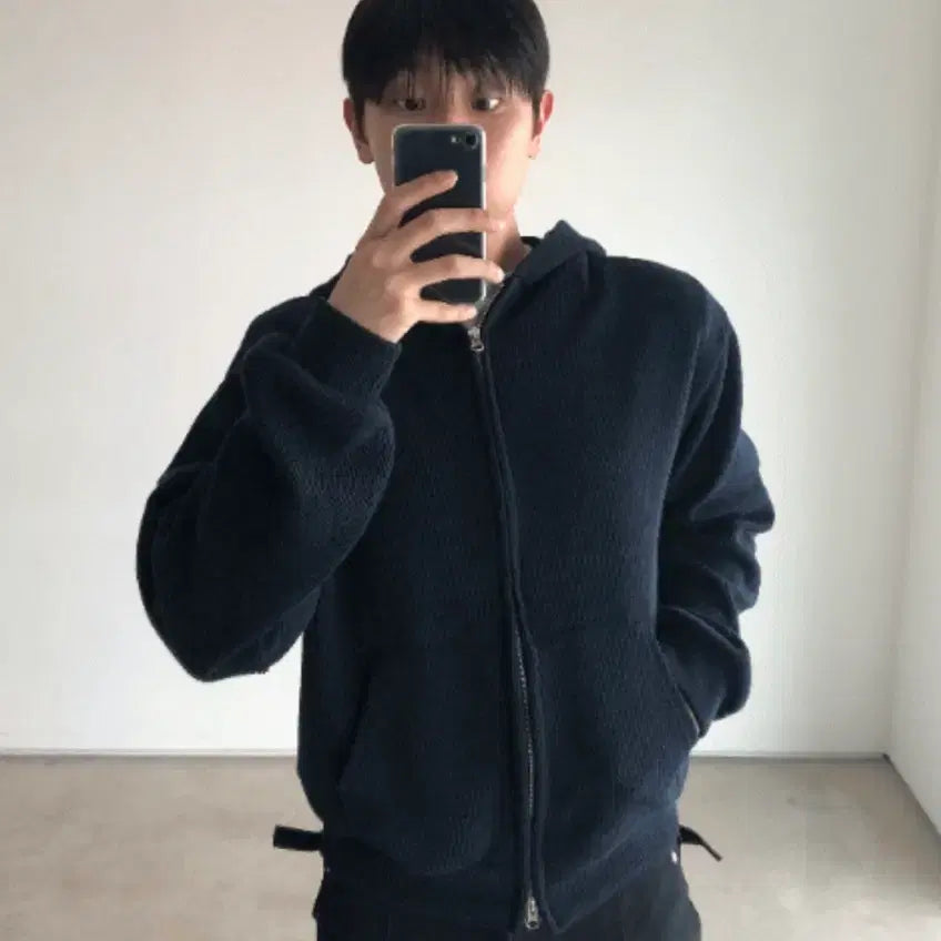 [BUNJANG] Shoulder Two-Way Ribbed Hoodie Zip-up Navy / 숄디 투웨이 골지 후드집업 네이비