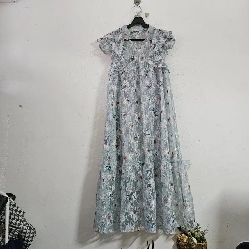 [BUNJANG] Chiffon Flower Lace Long Dress / 쉬폰 플라워 레이스 롱 원피스