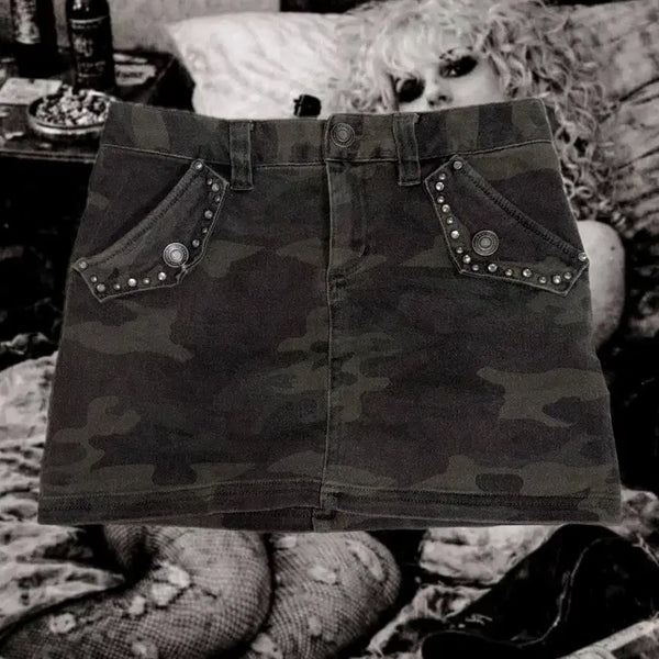 [BUNJANG] Punk Studded Cubic Camo Japanese Vintage Mini Skirt / 펑크 나나 스터드 버튼 큐빅 카모 일본빈티지 미니스커트 큐빈티지와이즈걸샵오공이