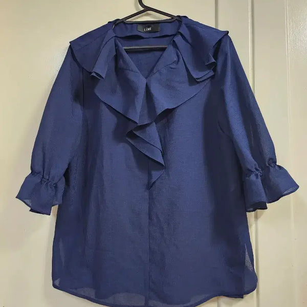 [BUNJANG] LINE Frill Blouse Navy / 라인 프릴 블라우스 55-66