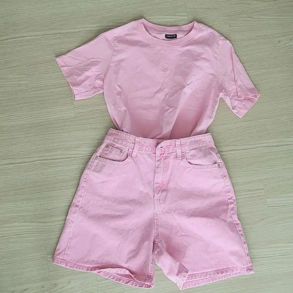 [BUNJANG] Jessi Mix T-shirt + Denim Pink Shorts Set (M) / 제시믹스 티셔츠+데님 핑크 숏팬츠M