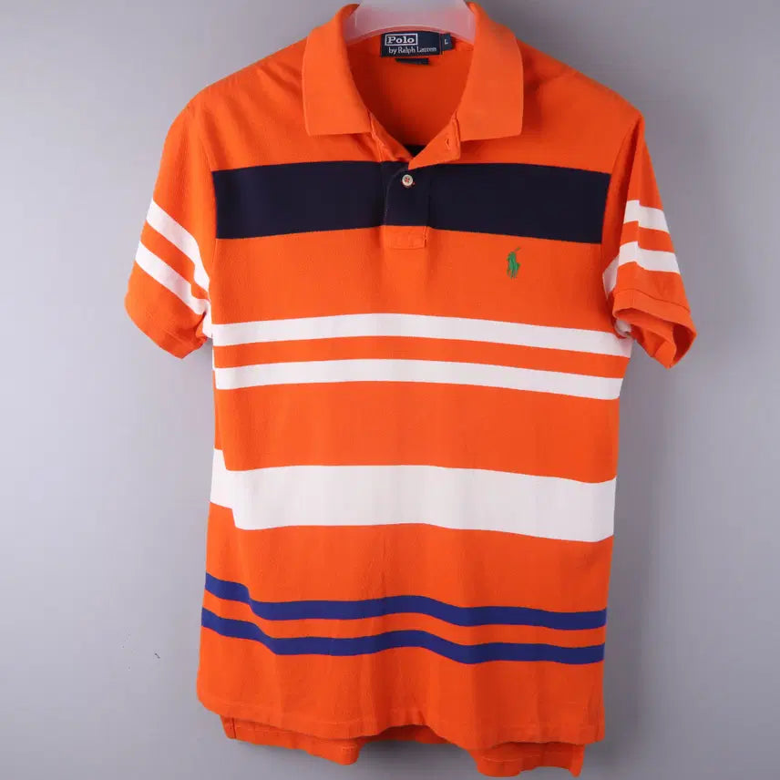 [BUNJANG] Polo Ralph Lauren Orange Stripe Pique Polo T-Shirt (L) / 폴로 랄프로렌 오렌지 스트라이프 피케 카라티 반팔 (L)