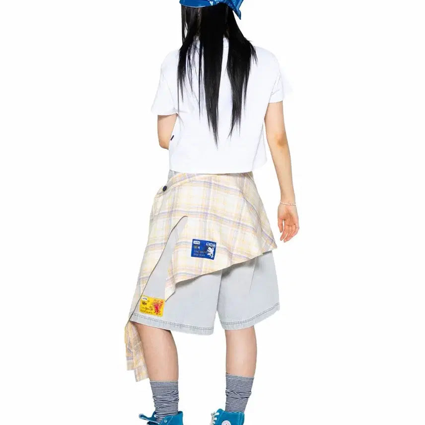 [BUNJANG] Gzbc x Jjiggu Layered Check Shirt Wrap Skirt (Yellow) / 새상품 [글랙 x 지꾸]체크셔츠 레이어드 랩 스커트 (YELLOW)