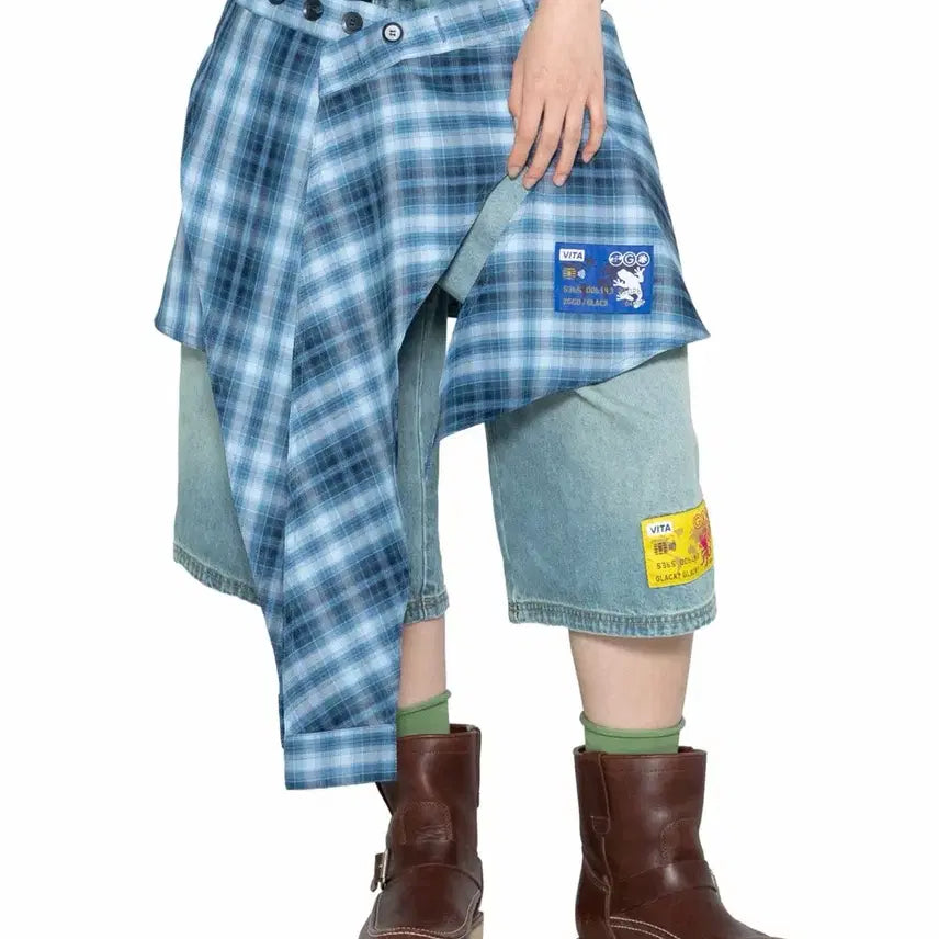 [BUNJANG] GZAC Check Shirt Layered Wrap Skirt (Blue) / 새상품 [글랙 x 지꾸] 체크셔츠 레이어드 랩 스커트 (BLUE)