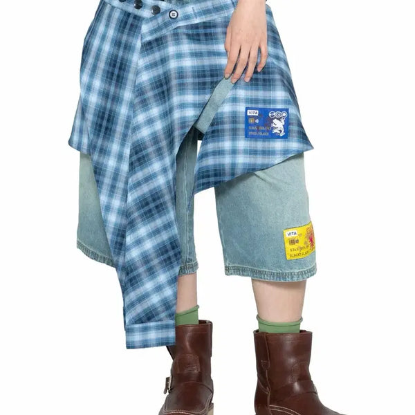 [BUNJANG] GZAC Check Shirt Layered Wrap Skirt (Blue) / 새상품 [글랙 x 지꾸] 체크셔츠 레이어드 랩 스커트 (BLUE)