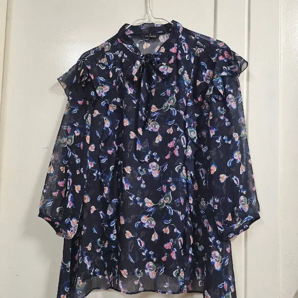 [BUNJANG] She's Miss See-through Chiffon Blouse Navy Floral Pattern / 쉬즈미즈 시스루 쉬폰 블라우스