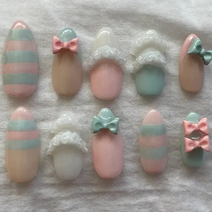 [BUNJANG] Handmade Pink Mint Ribbon Nail Tips / 핑크 민트 리본 수제네일팁